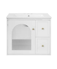 Sillysis 24" Wall Mount Bathroom Vanity with Glass Door, Ceramic Sink & 2 Drawers, Space Saving Storage for Small Bathrooms-Sillysis