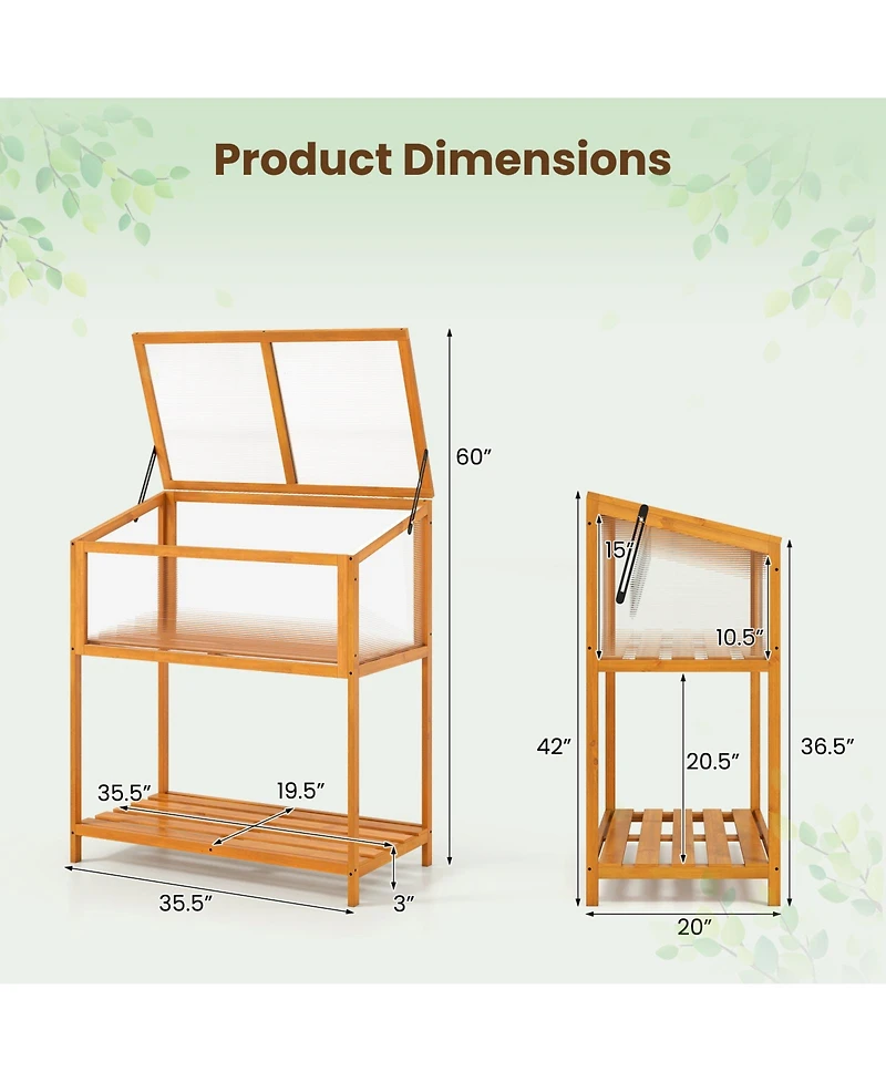 Sugift Wood Cold Frame Greenhouse with Transparent Openable Roof and Slatted Storage Shelf
