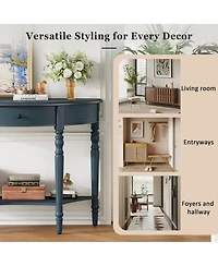Rainsken Farmhouse Curved Console Table, Half Moon Accent Table with Storage Drawer and Lower Shelf, Sofa Table for Entryway, Living Room