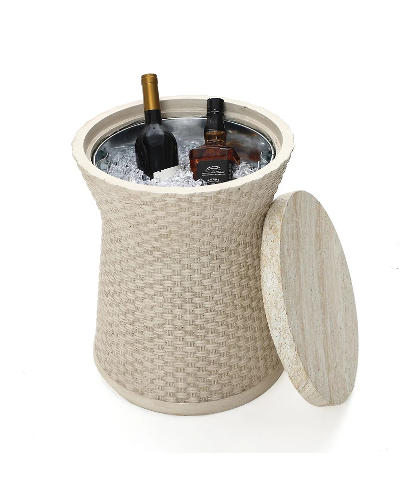 LuxenHome 18.7" Woven Texture Outdoor Side Table with Storage, Round Patio Table with Ice Bucket for Garden, Balcony