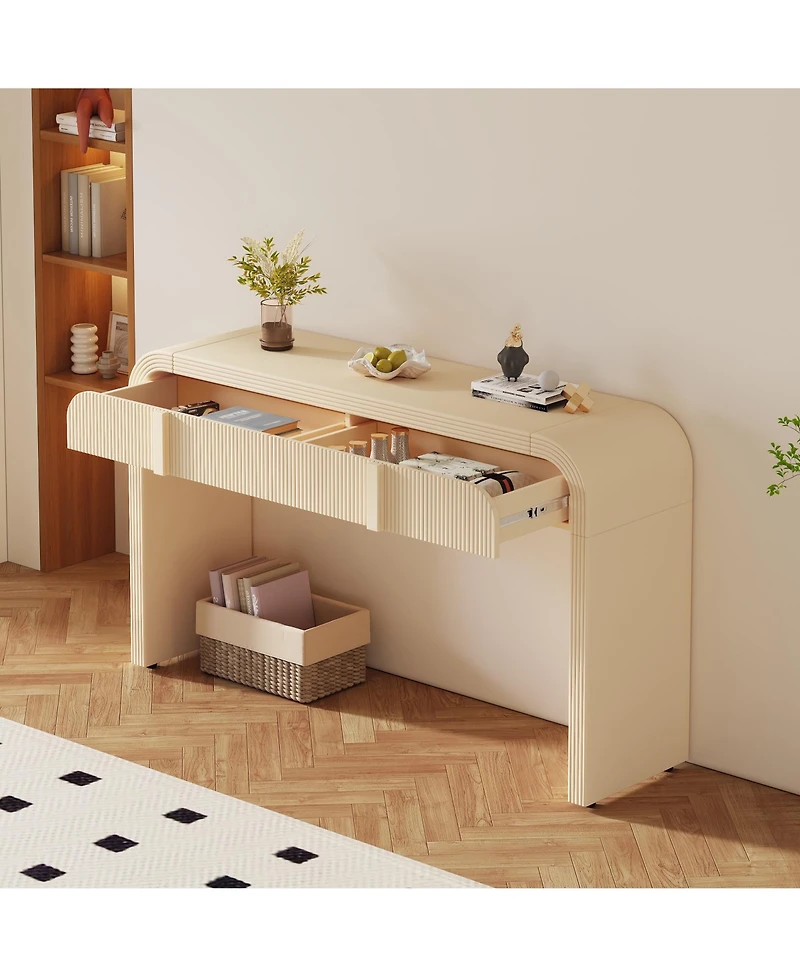 Rainsken 55'' Fluted Console Table, Modern Curved Wood Entryway Table with 2 Storage Drawers and Rounded Silhouette for Living Room, Hallway