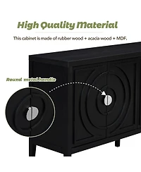 Rainsken Retro Storage Sideboard, 4-Door Buffet Cabinet with Circular Groove Design and Round Metal Handles for Living Room and Dining Room