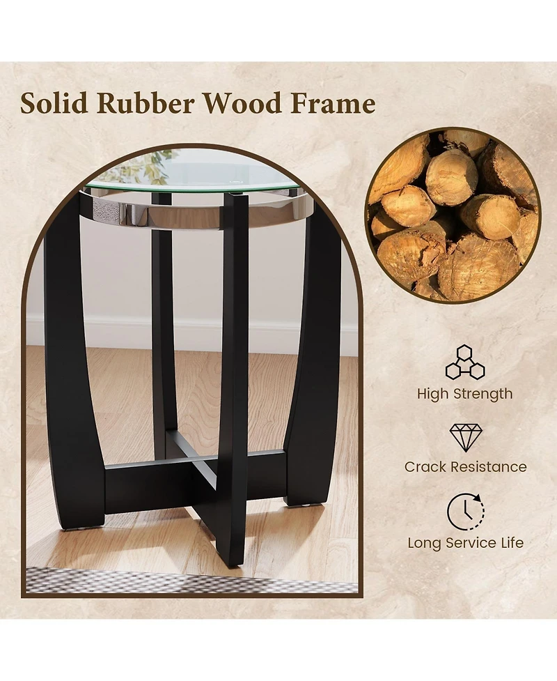 Gouun 24 in Round Accent Side Table with Tempered Glass Top and Rubber Wood Base