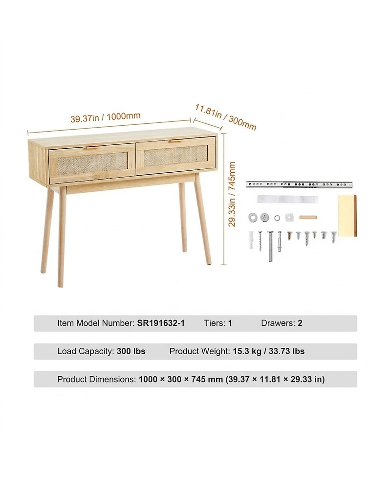 Gouun Rattan Console Table with 2 Drawers and Sliding Door
