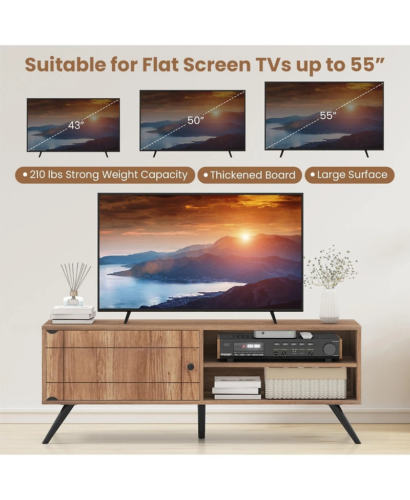 Sugift Tv Stand for TVs up to 55 Inch Mid Century Modern Entertainment Center with Storage Cabinet-Oak