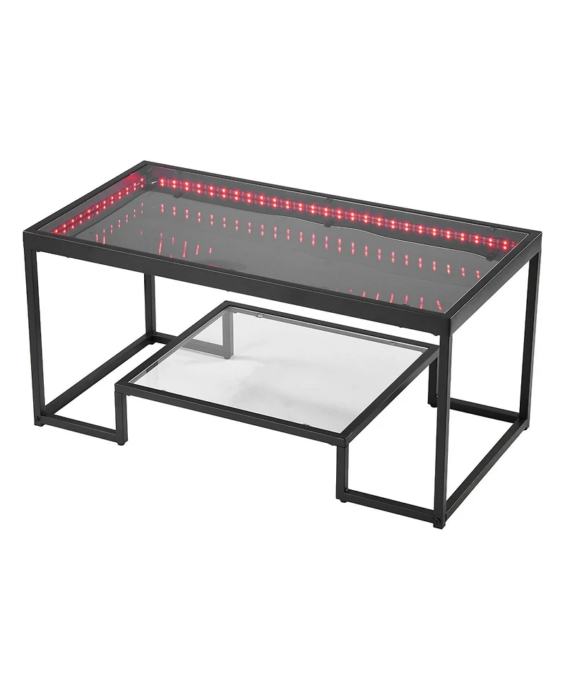 Gouun Led-Lit Tempered Glass 2-Tier Coffee Table with Metal Frame
