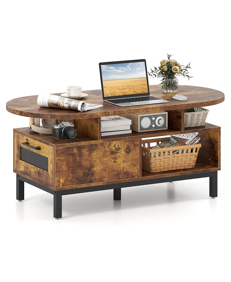 Gouun 47-Inch Oval Coffee Table with Drawers and Open Compartments