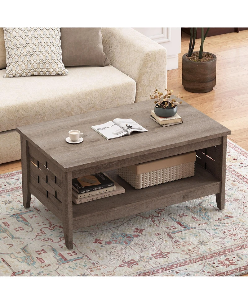 Gouun 39.5 in Farmhouse 2-Tier Coffee Table with Woven Accents and Open Storage Shelf