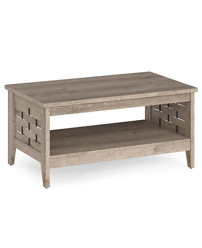 Gouun 39.5 in Farmhouse 2-Tier Coffee Table with Woven Accents and Open Storage Shelf