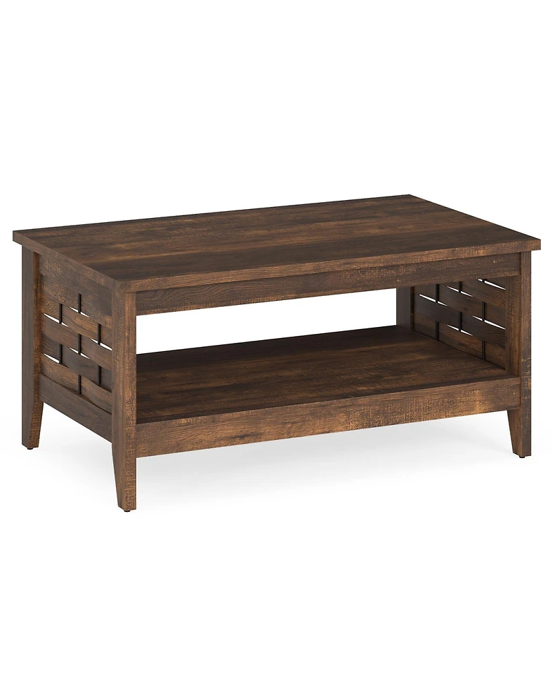 Gouun 39.5 Farmhouse 2-Tier Coffee Table with Woven Accents and Open Storage Shelf