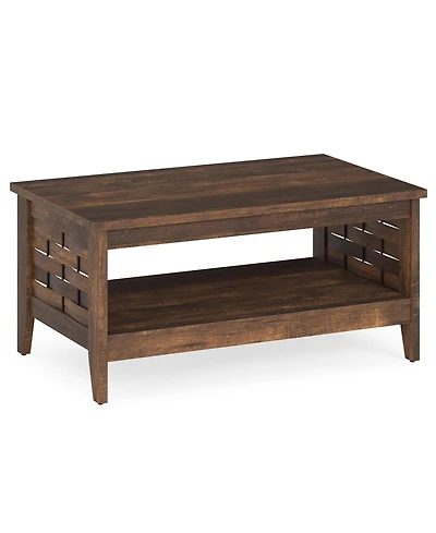 Gouun 39.5 Farmhouse 2-Tier Coffee Table with Woven Accents and Open Storage Shelf