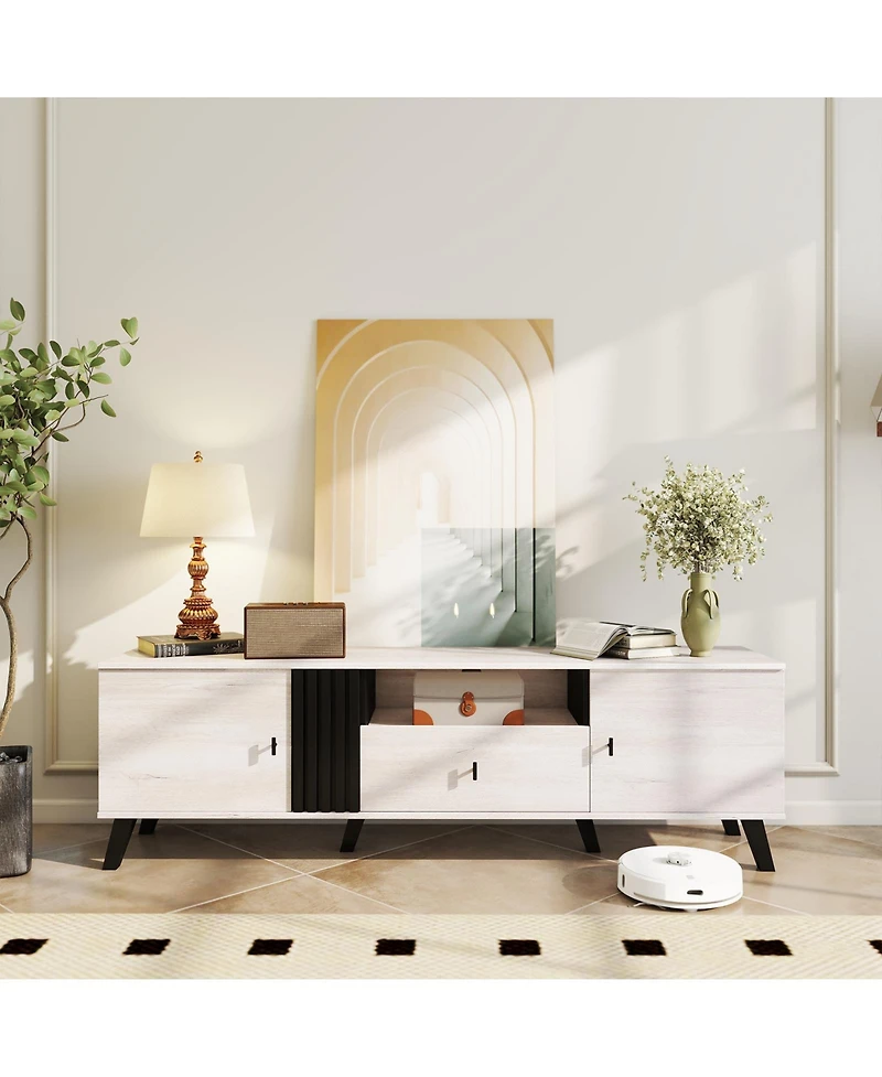 Sugift Mid Century Modern Tv Stand Entertainment Center TVs-Oak