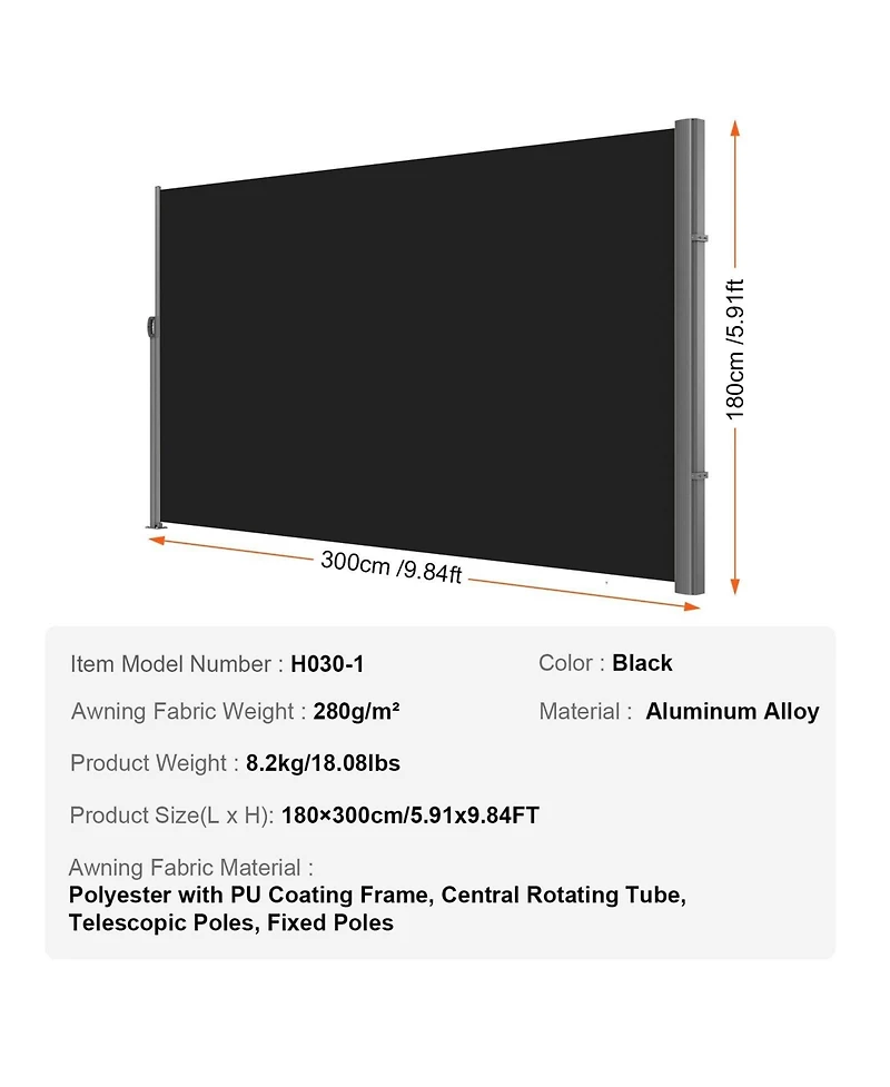 Sugift Retractable Side Awning 71in x 118in Outdoor Privacy Screen