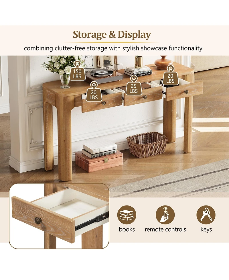 Rainsken Rustic Console Table, 52" Entryway Table with 3 Concealed Drawers, Curved Corners and Thick Legs for Hallway and Living Room