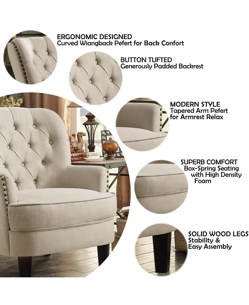 Boyel Living Vintage Button-Tufted Velvet Accent Chair with Nailhead Trim and Solid Wood Legs