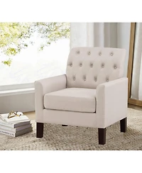 Boyel Living Classic Button-Tufted Linen Accent Chair with Solid Wood Legs