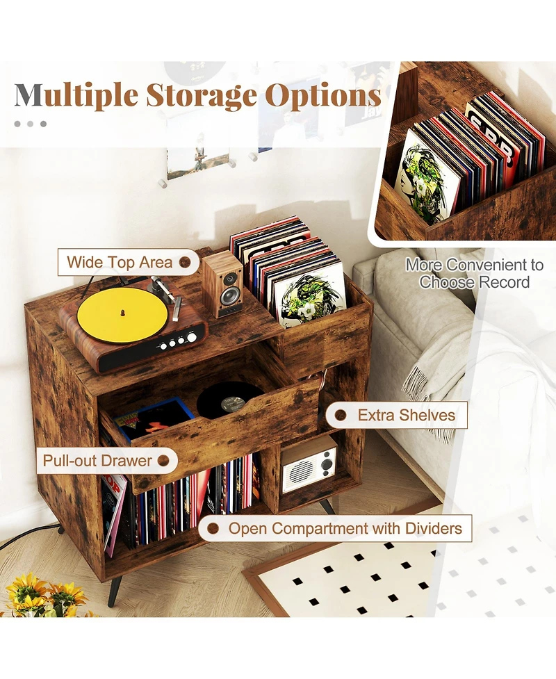 Gouun Record Player Stand with Power Outlet and Vinyl Storage Cubby, 31.5 x 16 x 31 in