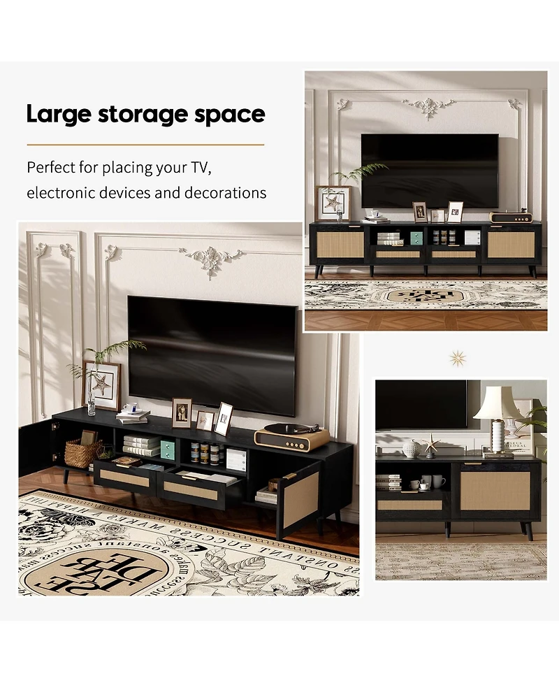Rainsken Rattan Media Console Tv Stand for TVs with 2 Drawers, Open Shelves and Storage Cabinet for Living Room