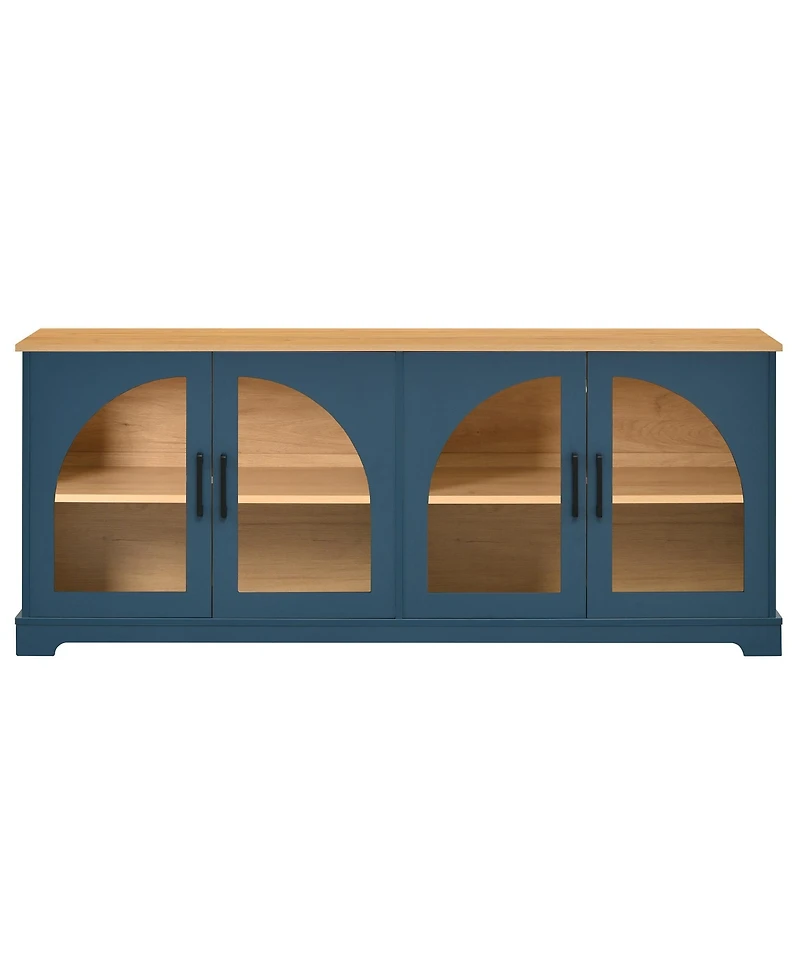 Rainsken Farmhouse Tv Stand for TVs , Two-Tone Media Console Table with Semi-Arched Glass Doors and Cable Management for Living Room