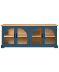Rainsken Farmhouse Tv Stand for TVs , Two-Tone Media Console Table with Semi-Arched Glass Doors and Cable Management for Living Room
