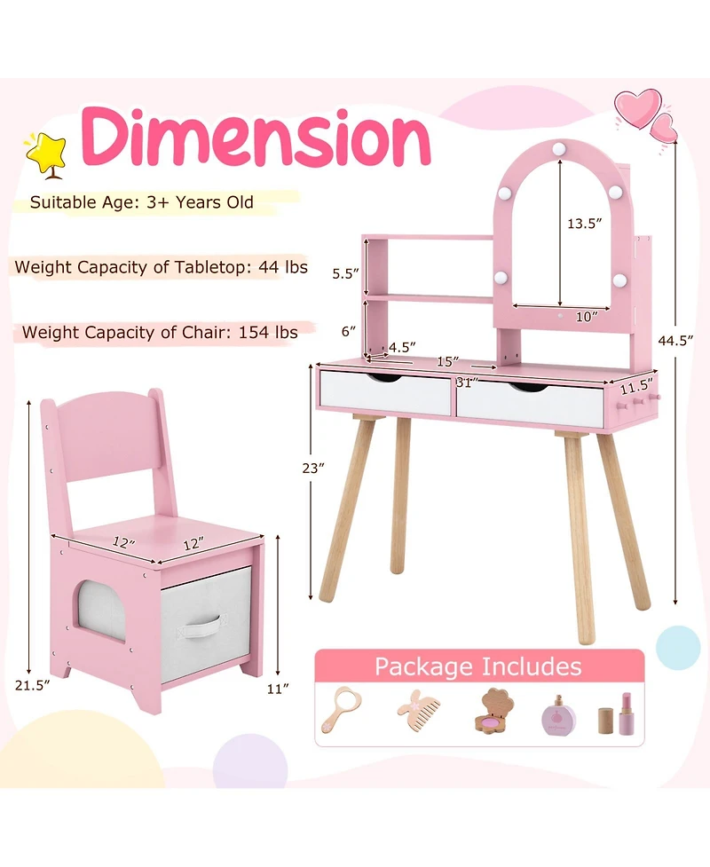 Slickblue Kids Play Vanity Set with Adjustable Mirror, 3-Color Led Lights and Brightness Control