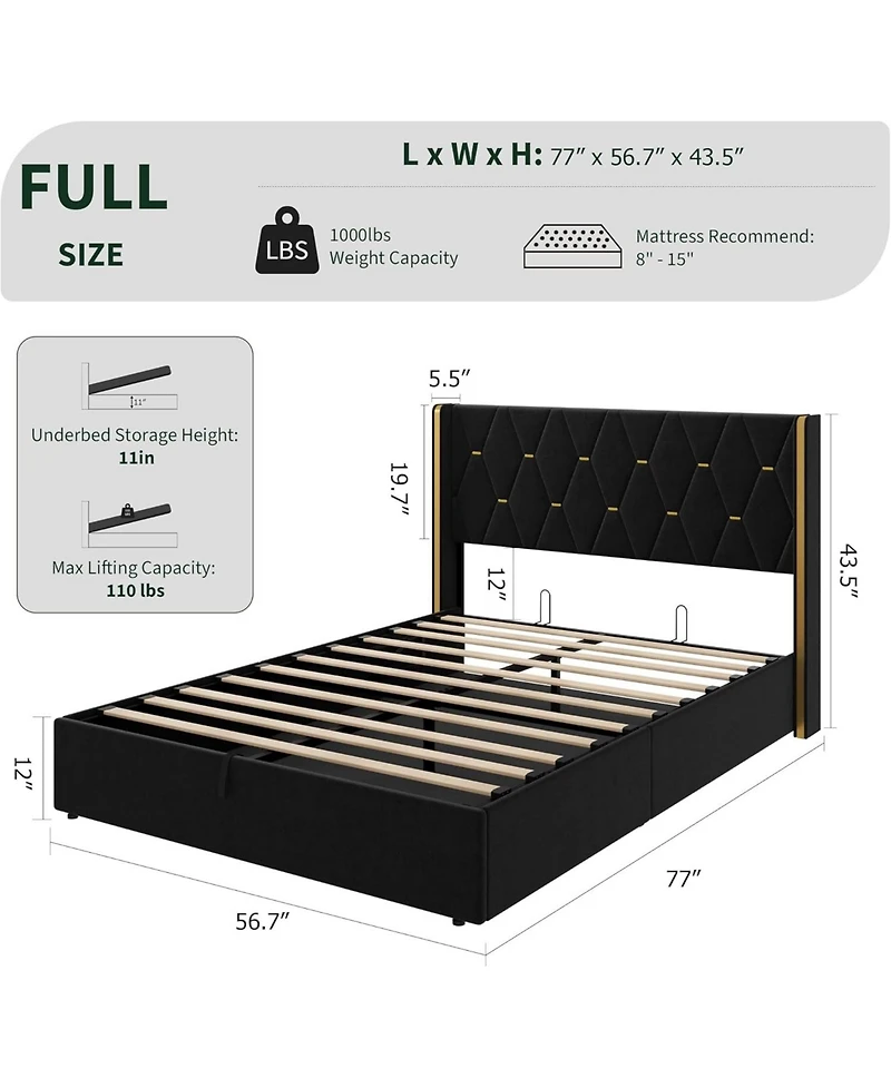 gaomon Lift Up Storage Bed Frame with Wingback Headboard, Velvet Upholstered Diamond Tufted Design & Gold Trim