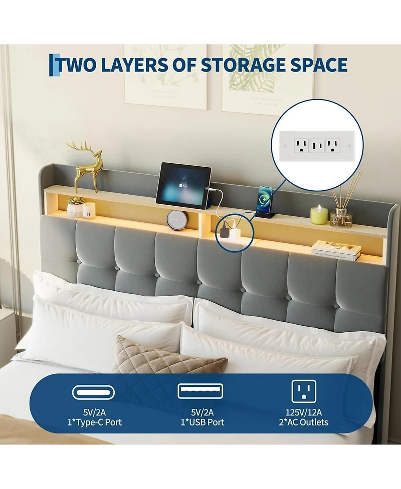 gaomon Full Bed Frame with 2 Storage Drawers, Upholstered Led Light