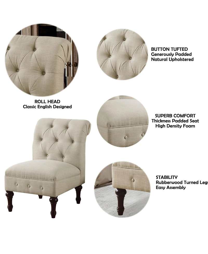 Boyel Living Classic Button-Tufted Linen Accent Chair with Vintage Wooden Legs and Plush Cushioning