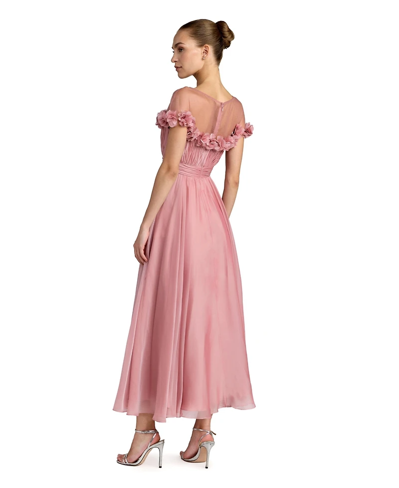 Mac Duggal Women's Chiffon Illusion Neck Midi Dress with 3D Flowers