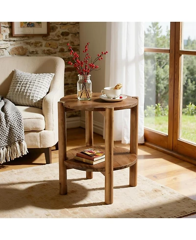 Tribesigns 2-Tier Solid Wood Round Side Table, Farmhouse Rustic Nightstand, Small End Table
