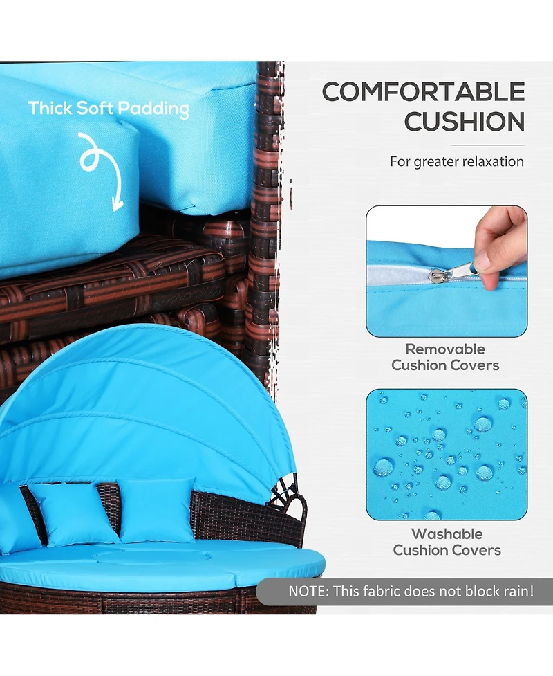 Outsunny 4-Piece Rattan Patio Furniture Set, Round Convertible Daybed or Sunbed with Adjustable Sun Canopy, Sectional Sofa, 2 Chairs, Table