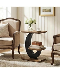 Tribesigns Side Table, 2-Tier Narrow End Table, Industrial Wooden Side Table with Metal Arc-Shaped Frame, Bedside Nightstand