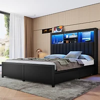 Streamdale Furniture King Bed Frame w/ Storage Headboard, Led, Charging, 4 Drawers, Metal