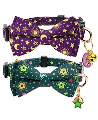 Aronkl 2 Pack Cotton Cat Collars with Bow Tie Bell Adjustable Breakaway Whale Flamingo Patterns for Spring Summer Male Female