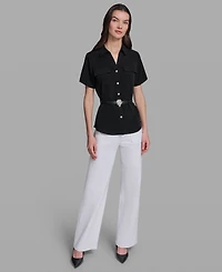 Karl Lagerfeld Paris Petite Rosette Belted Collared Blouse