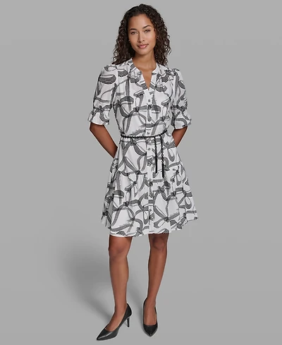 Karl Lagerfeld Paris Petite Printed V-Neck Belted Dress