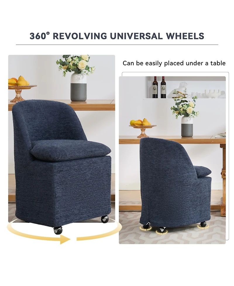 Rainsken Chenille Upholstered Rolling Dining Chairs Set of 2 with Universal Wheels and Curved Backrest, Suitable for Dining Room and Living Room