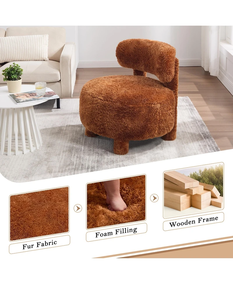 Rainsken Fur Fabric Accent Chair, Upholstered Slipper Side Chair with Curved Backrest and Solid Wooden Legs for Living Room, Reading Room