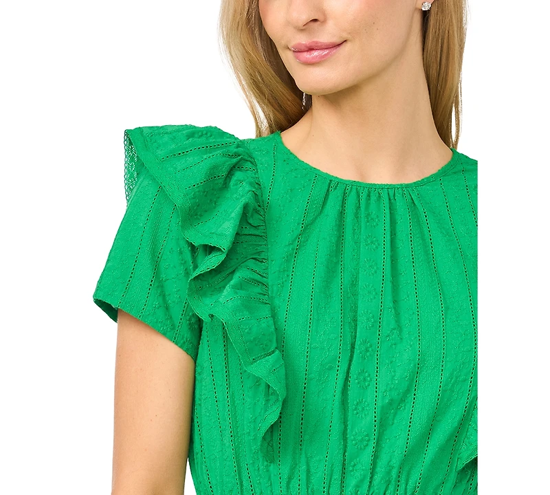 CeCe Women's Short-Sleeve Crewneck Ruffle-Front Cotton Mini Dress