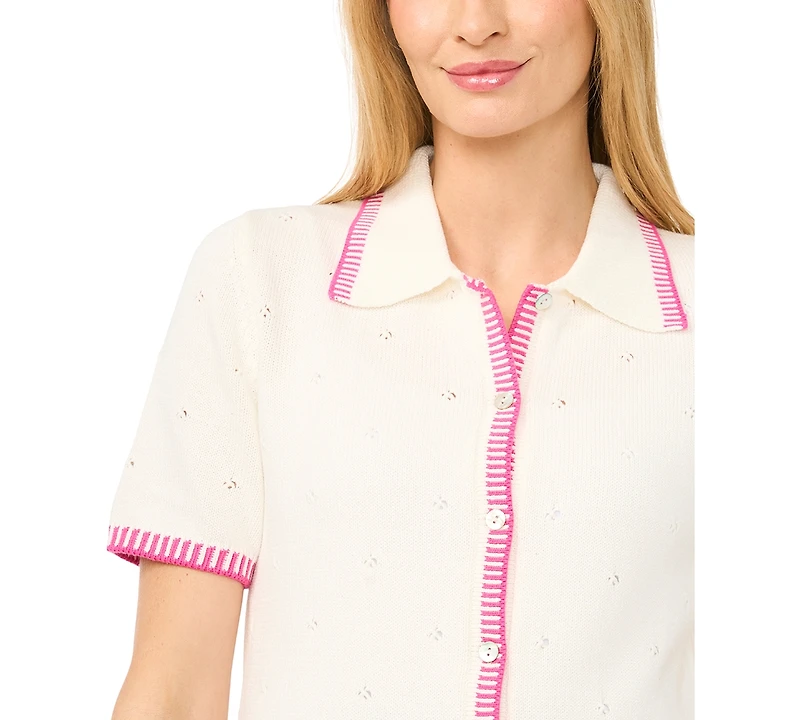 CeCe Women's Pointelle Short-Sleeve Collared Cotton Cardigan