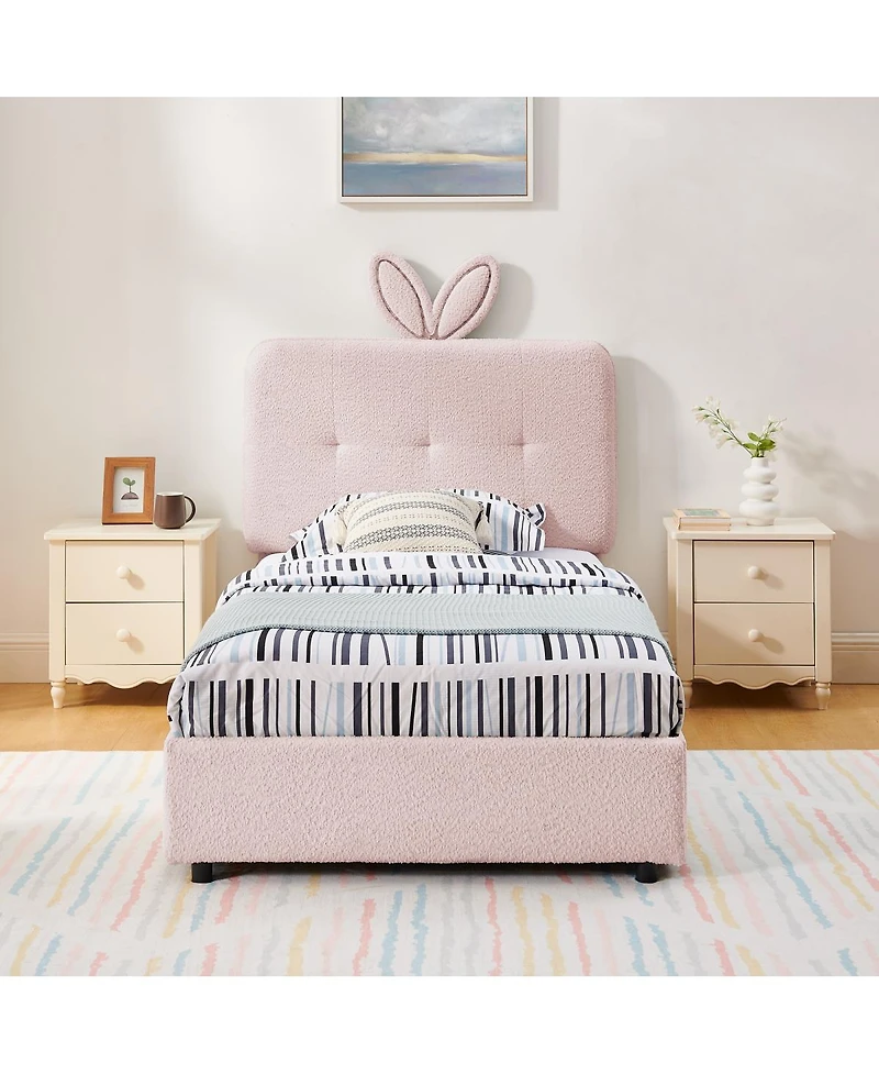 Streamdale Furniture Twin Rabbit Ear Upholstered Bed w/Led and 4 Drawers