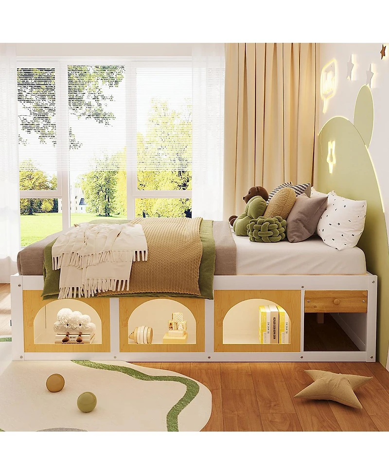 Streamdale Furniture Platform Bed w/ Bookshelf, Led, Drawer