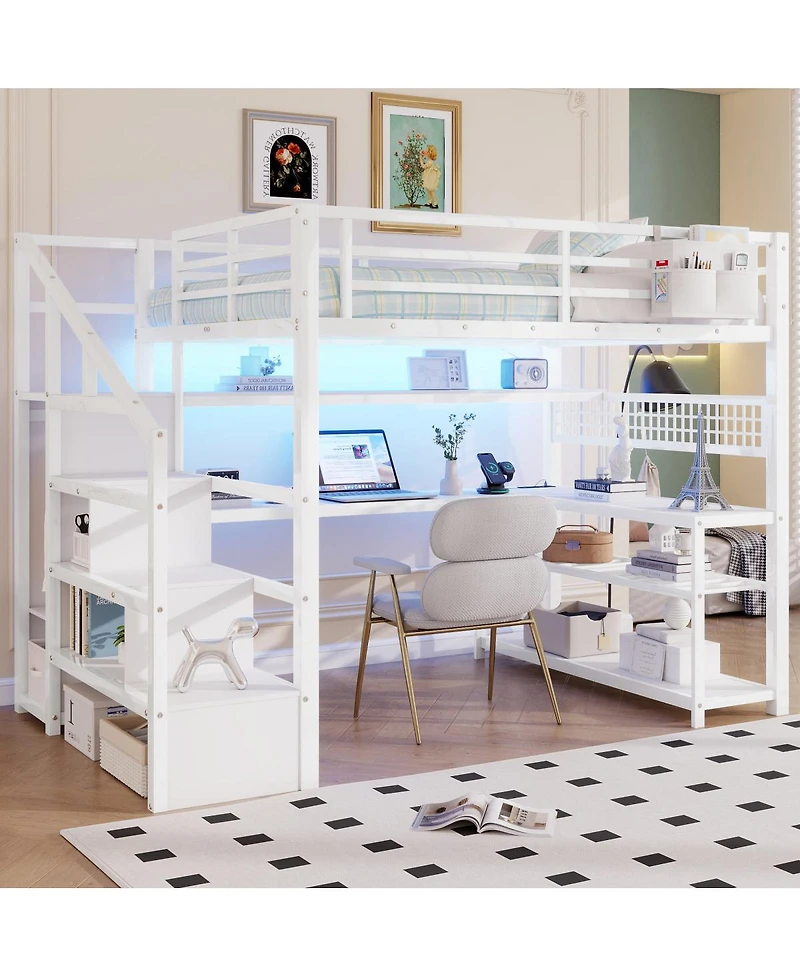 Streamdale Furniture Metal Loft Bed w/Stairs, Desk, Storage, Lights, Charge Station