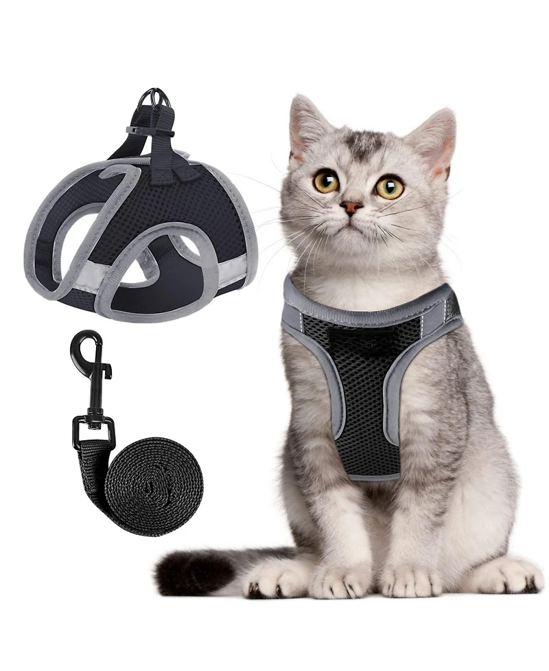 Aronkl Escape Proof Cat Harness and Leash Set Adjustable Lightweight Soft Vest with Reflective Strip for Walking