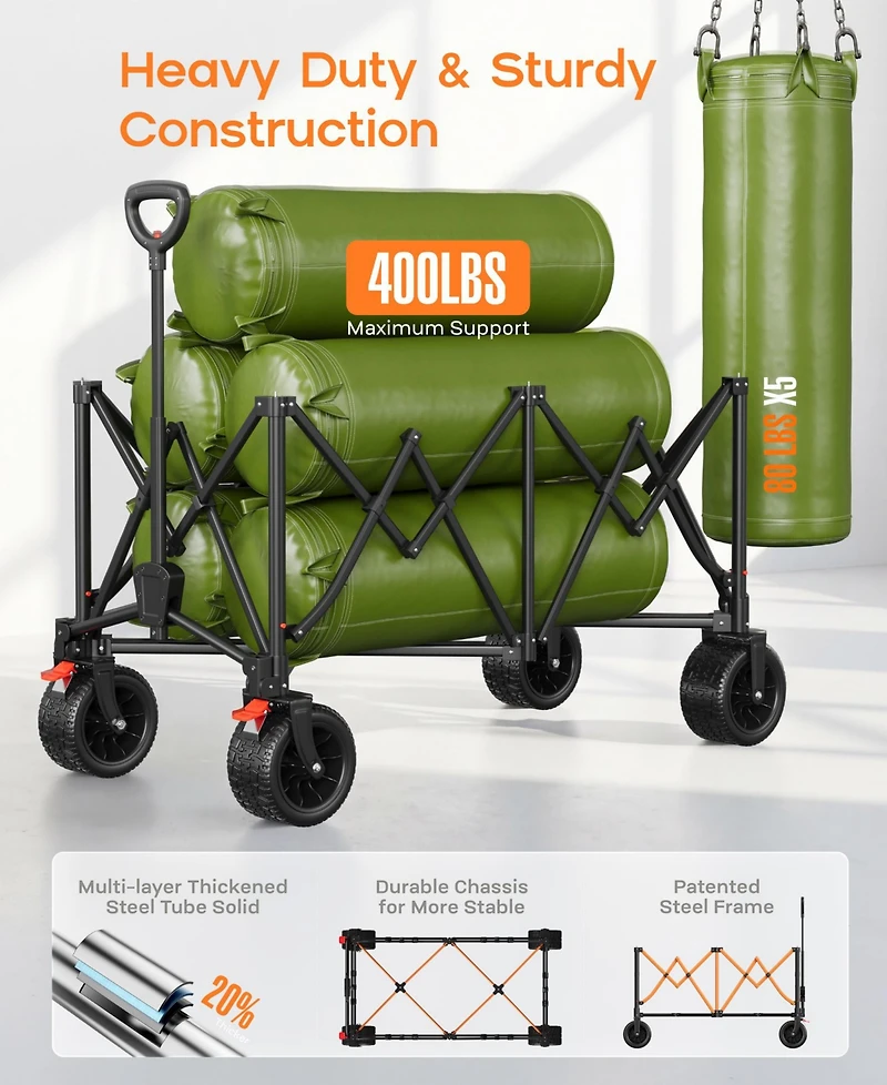 Sugift 47.6"L Collapsible Wagon Cart, 400lbs Weight Capacity 300L Heavy Duty Beach Wagons with Big All-Terrain Wheels for Groceries, Shopping, Camping
