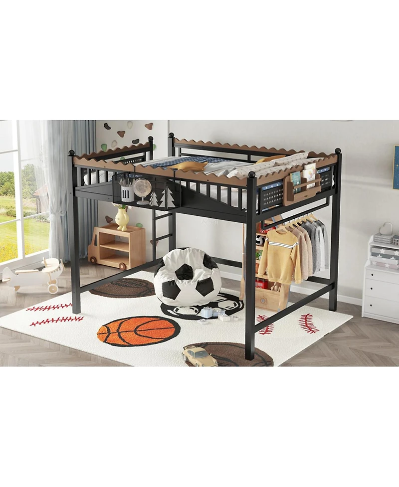 Streamdale Furniture Metal Loft Bed w/Storage Shelves and Bookshelf