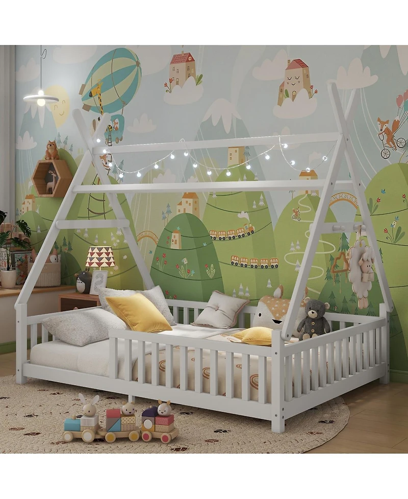 Streamdale Furniture House Bed with Light, Low Floor, Fence and Roof