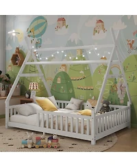 Streamdale Furniture House Bed with Light, Low Floor, Fence and Roof