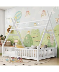 Streamdale Furniture House Bed with Light, Low Floor, Fence and Roof