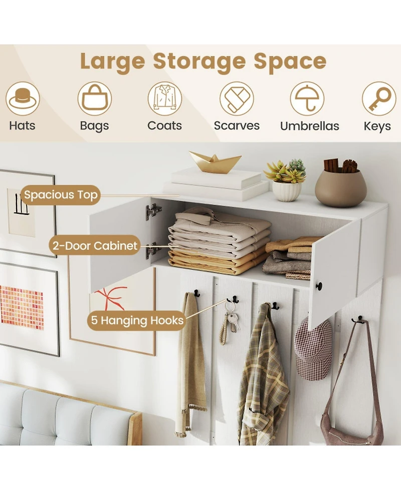 Gouun Wall Mounted Entryway Coat Rack with Storage Cabinet and 5 Hooks